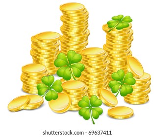 Golden coins with four leaf clover, vector illustration, for St. Patrick's day