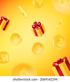 Golden coins and gift boxes falling down vector illustration