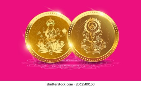 Golden Coins Of Goddess Lakshmi, Laxmi And God Ganesh For Dhanteras Puja Diwali Festival. Vector Illustration