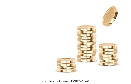 Golden coins. Gold coins cash money in piles, isolated on white transparent background. Vector illustration.