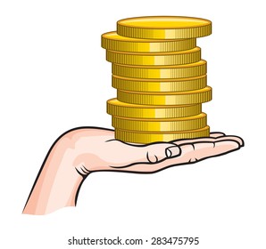 Golden coins in hand