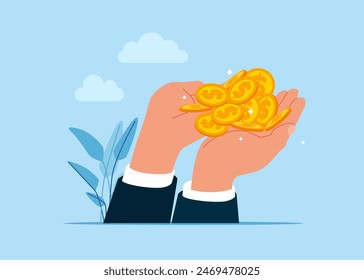 Golden Coins into hands. Savings, Collecting Money in Account, Open Bank Deposit. Flat vector illustration.