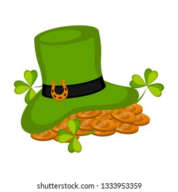 Golden coins in an irish hat. Patrick day. Vector illustration design