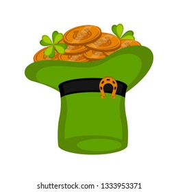 Golden coins in an irish hat. Patrick day. Vector illustration design