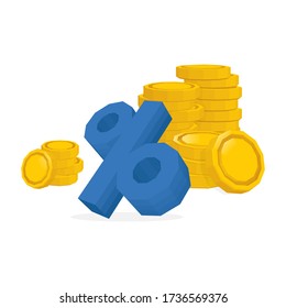 Golden coins and isometric percent sign. Golden coins stack. Profit receiving, rate income, revenue, banking, finances and earnings vector illustration. Part of set. 
