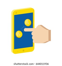 Golden Coins Jump out of Smartphone, Mobile Commerce concept symbol. Flat Isometric Icon or Logo. 3D Style Pictogram for Web Design, UI, Mobile App. Vector Illustration on white background.