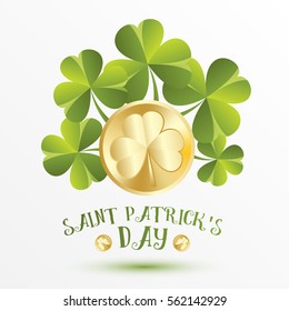 Golden coins with leaves of clover. Greeting card for St. Patrick's Day