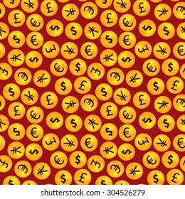 A lot of golden coins with main world's currency signs on red background seamless pattern