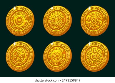 Monedas de oro con símbolos mayas o aztecas. Símbolos dorados para su juego 2D o juegos de tragamonedas