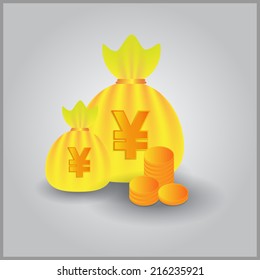 Golden Coins, Money Bag With Japanese Yen Currency Sign Icon. Japanese Yen Currency Sign. Vector Illustration.