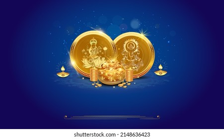 Golden Coins money concept with Goddess Lakshmi and God Ganesha for Indian Akshaya Tritiya Dhanteras festival background