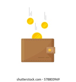 Golden coins money flying in wallet vector illustration, idea of fund savings, cash earnings, financial success, getting wealth, salary income icon isolated on white