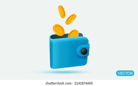 golden coins money saving or and payment minimal blue wallet isolate on background. cashless society 3d vector illustration style concept. 