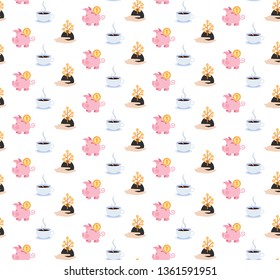 golden coins money tree piggy bank coffee icon financial growth concept flat seamless pattern isolated horizontal