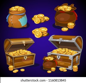 
Golden coins in moneybags and chests cartoon vector illustration.Different coins with crown in chests, moneybags and bunches. Gold coins on navy blue background. 