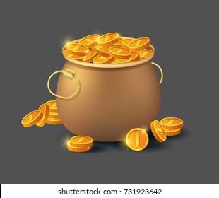 Golden coins in old bronze pot icon. Big profit and save money, money making concept, bank deposit, financial success vector illustration in cartoon style.