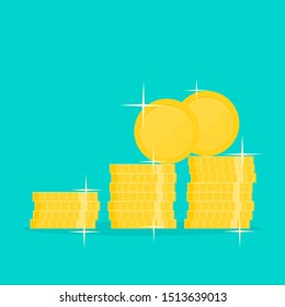 golden coins on stack of another shiny golden coins as uptrend bar chart on green background. saving money, income growth, success in financial investment symbols. vector illustration    