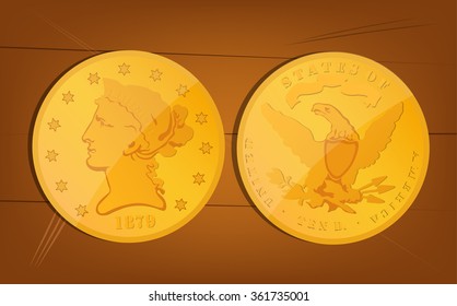 Golden coins on a wooden table
