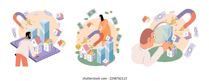 Golden coins pile, magnet and money. Financial literacy metaphor for passive income vector set. Rental activity income, upfront investment, accelerate your financial goals, savings accounts