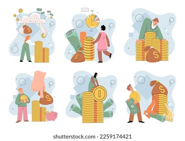 Golden coins pile, magnet and money. Financial literacy metaphor for passive income vector set. Rental activity income, upfront investment, accelerate your financial goals, savings accounts