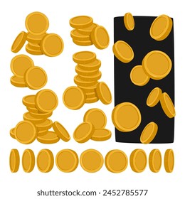 Golden Coins Piles, Falling or Spinning Animation Sprite, Cartoon Vector Set. Yellow Money Units Gleam With Opulence, Symbol Of Wealth And Power, Prosperity And Fortune, Finance Growth and Success