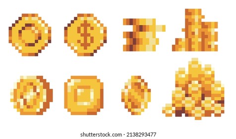 Golden coins pixel art set. Medals, treasure reward, stack of money collection. 8-bit sprite. Game development, mobile app.  Isolated vector illustration.