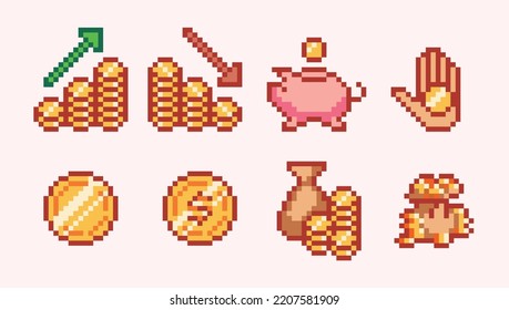 Golden coins pixel art set. Medals, treasure reward, stack of money collection. 8-bit sprite. Game development, mobile app. Isolated vector illustration.