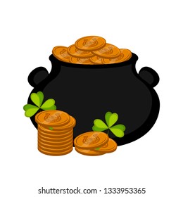 Golden coins in a pot with clovers. Patrick day. Vector illustration design