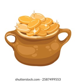 Golden coins in a pot, with glitter and stars. Financial and investment symbol of money, game asset. Irish gift for St. Patrick's Day. Vector illustration isolated on transparent background.
