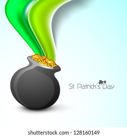 Golden coins pot  with green waves flyer, banner or background for Happy St. Patrick's Day. EPS 10.