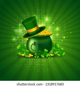 Golden coins pot and leprechaun's hat on green rays background. St.  Patrick's Day concept.