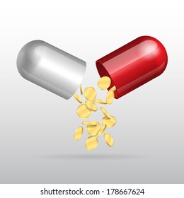 Golden coins pouring from an open medical capsule. Vector illustration