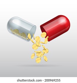 Golden coins pouring from an open medical capsule. Vector illustration