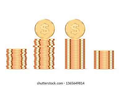 Golden coins. Realistic gold metal money isolated on white background.