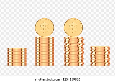 Golden coins. Realistic gold money isolated on a transparent background.