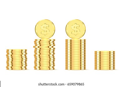 Golden coins. Realistic gold money isolated on white background.