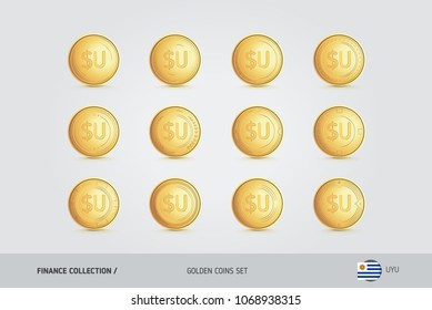 Golden coins. Realistic golden Uruguayan Peso coins set. Isolated objects on background. Finance concept for websites, web design, mobile app, infographics.