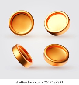 Golden coins set in different views.