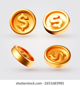 Golden coins set in different views with dollar sign.