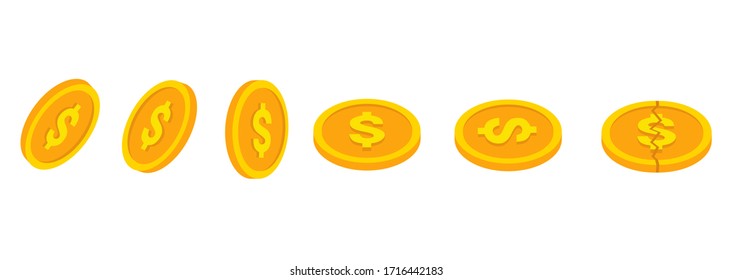 Golden coins set. Golden dollar coins. Isometric style. Isolated on white background.