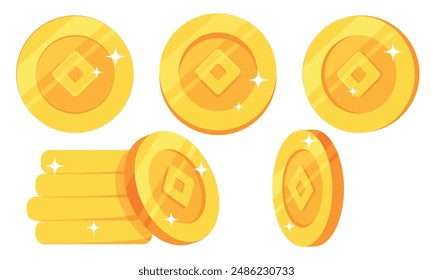 Golden Coins Set, Isolated, Money, Glowing Coin, Sparkle Stars, Cartoon, Game Element, Vector Illustration