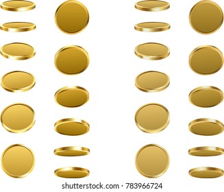 Golden coins spin isolated on white. Vector illustration.