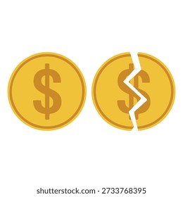 Golden coins split in half reveal financial instability and economic crisis symbolized by cracked currency