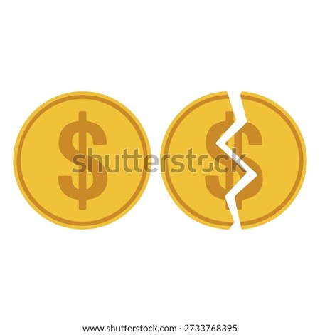 Golden coins split in half reveal financial instability and economic crisis symbolized by cracked currency