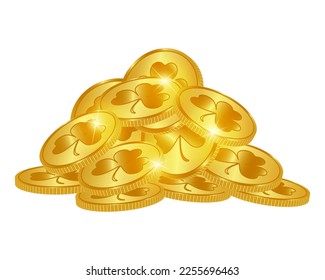 Golden coins with St. Patrick's Day shamrock. Gold coins 3d. Irish symbol of good luck. wealth. Vector illustration.