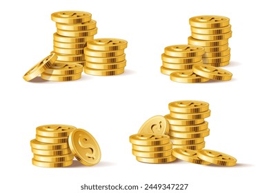 Golden coins stack. 3D Realistic shiny gold coin pile. Money stacks financial elements for gambling game or banking poster isolated on white vector set. Jackpot winnings with dollar symbols