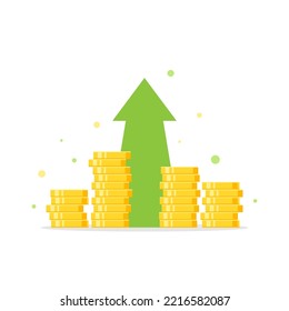 golden coins stack with arrow up. Flat icon isolated on white. Economy, finance, money, investment symbol. Currency growth diagram concept. Vector illustration.