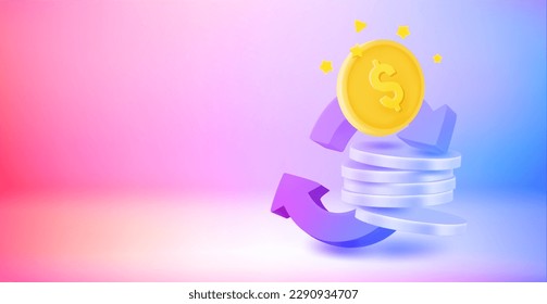 Golden coins stack with arrows. Payment concept. 3d vector banner with copy space