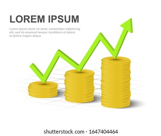 Acumulación de monedas de oro con gráfico verde. Dinero oro realista. Ilustración vectorial de concepto de negocio.