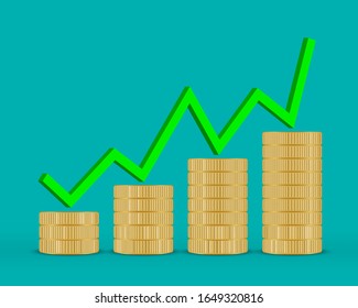 Goldene Münzen stapeln mit grünem Graph. Realistisches 3D-Gold-Geld. Illustration zum Geschäftskonzept Vektorillustration.